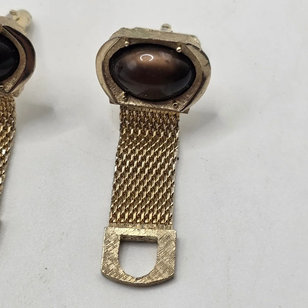 Swank Wrap Around Mesh Cufflinks Mens Gold Brown Cabochon Vintage MCM Dapper